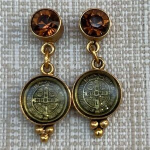 Virgins Saints & Angels San Benito Coin Drop Earrings with Crystal Studs